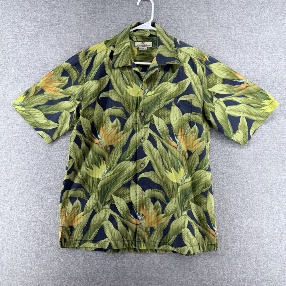 Tommy Bahama Hawaiian Shirt Men Size Medium Green Vintage Fit Short Sleeve